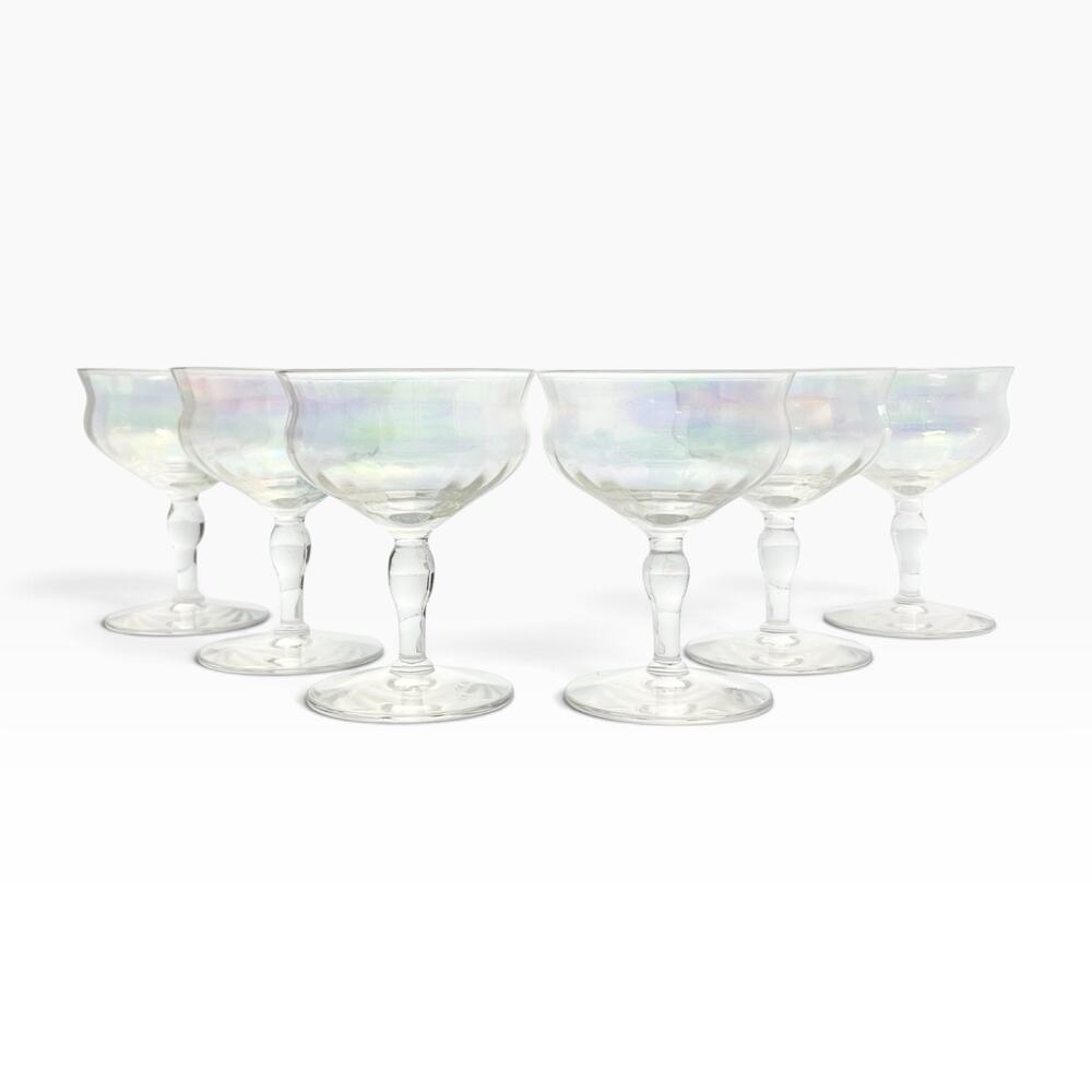 1960s 6 Lustre Iridescent Rainbow Pearl Optic Coupe Champagne Glasses 4 1/2” 6oz